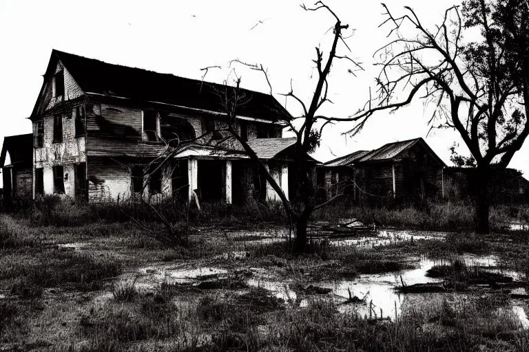 Old farmhouse, wasteland, lightning, ruins, rain, craters, dead trees, biohazard, radiation