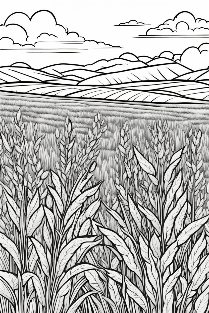 coloring page, field of wheat, cartoon style, thick lines, low detail, no shading