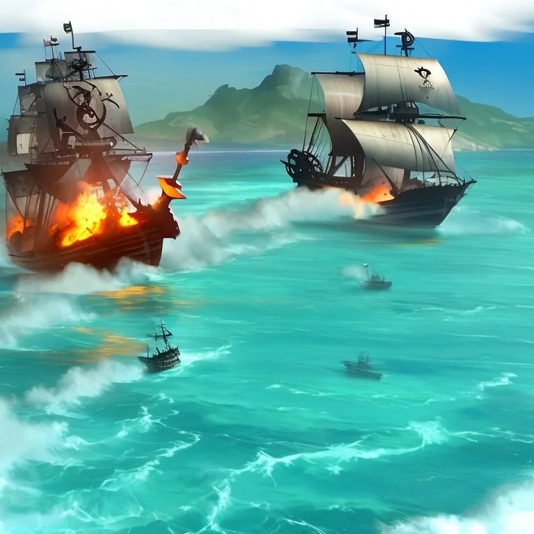 Two pirate ships fight each other at sea. Firing cannons. One ship is hit and burns after being hit.