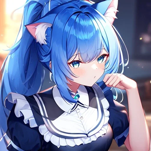 Clear Focus, High resolution, wearing a maid uniform, fluffy hair and a long ponytail, blue hair, cat ears, meowing