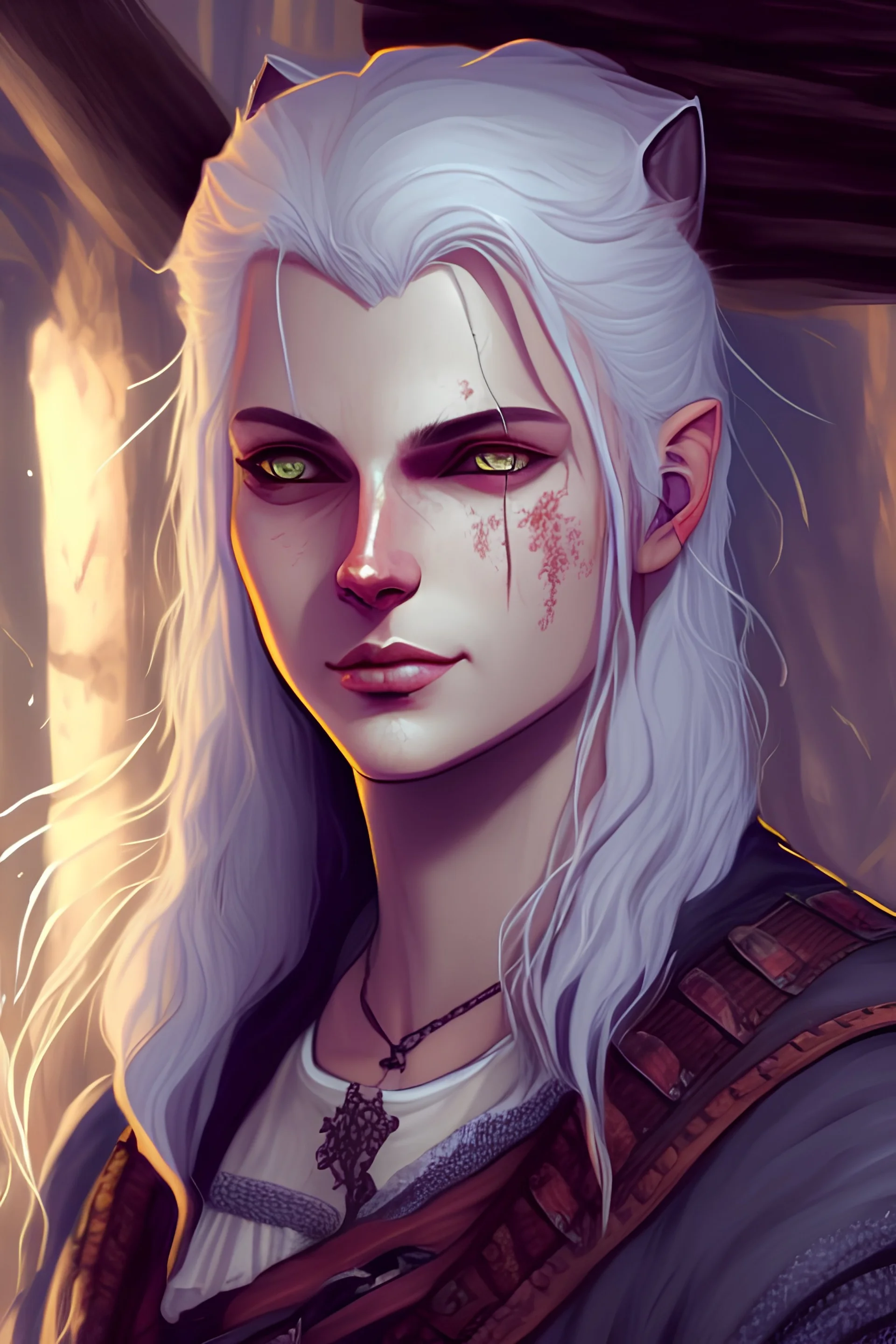 Cute friendly Witcher, playing with cute cats, perfect eyes, perfect iris, graphic novel, style Elisabeth Kreitz