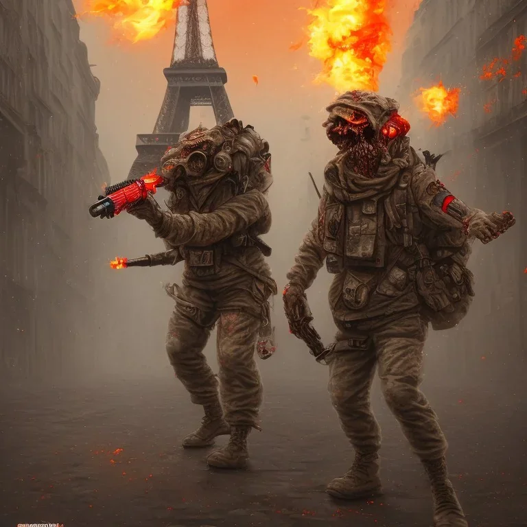 fantassin zombie utilise lance flammes dans la ville de paris, bonbonnes napalm dans le dos, yeux rouges, Tour Eiffel en fond. Uniforme noir sale et déchiré. deux bras. deux jambes, un torse, un visage.