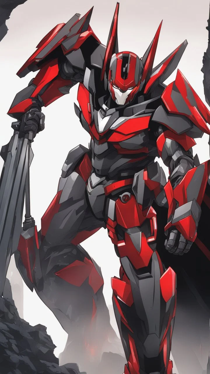 A close picture to Mix between machine and batman in transformers cyborg with black metal and red armor in solo leveling shadow art style with red details detailsis in fantasy world