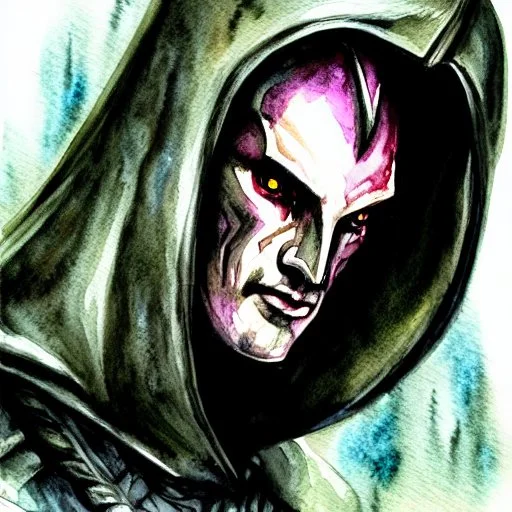 dnd, fantasy, watercolour, portrait, head, face, ilustration, dark cultist, hooded figure, armour, satanic