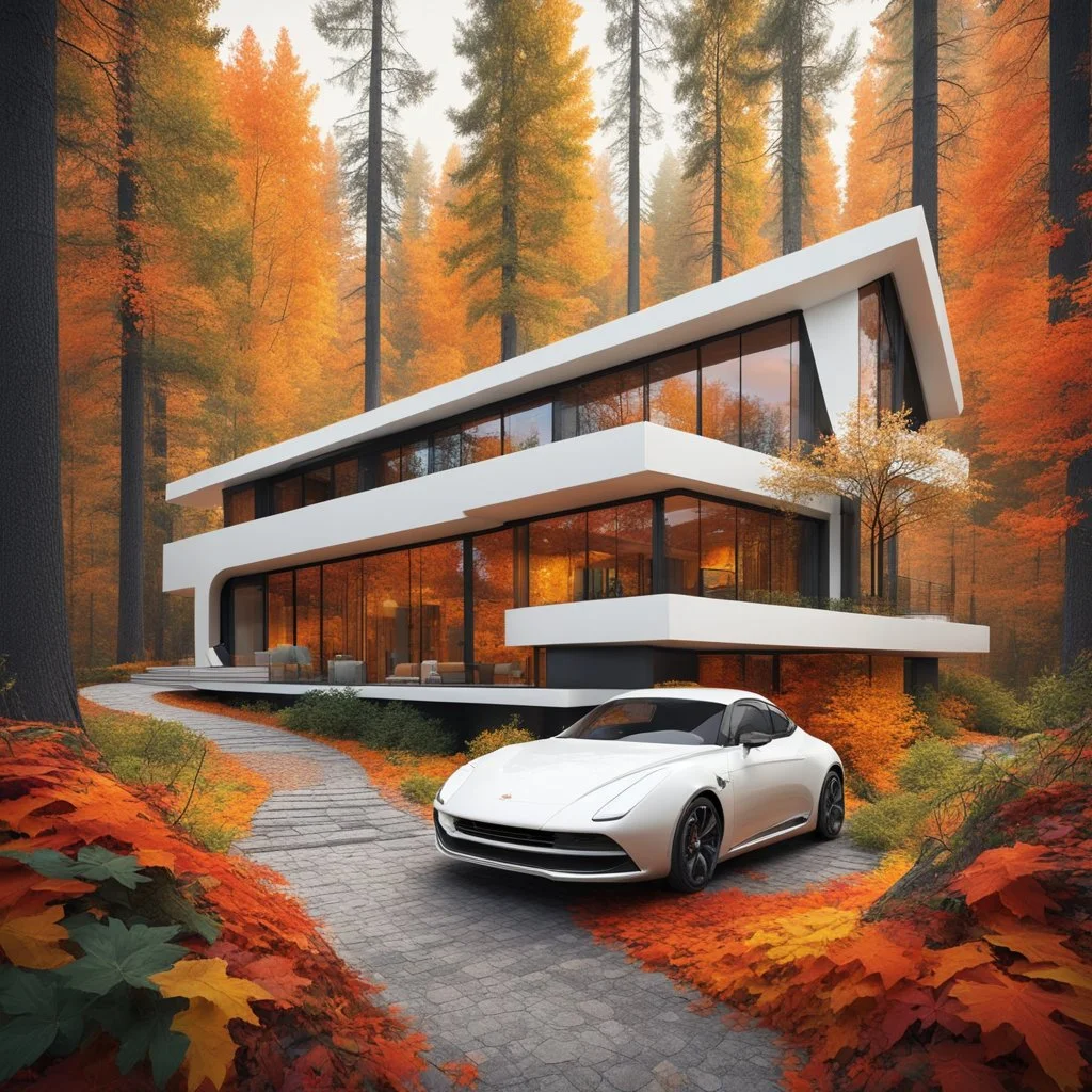 Cozy retreat, futuristic modern house in an autumn forest of vibrant colors. Contemporary design, clean lines and large windows, radiate a feeling of warmth and comfort. A white car parked on the winding road that leads to the house gives a touch of modernity to the rustic surroundings. The path is scattered with leaves. Around the house, mix of green, orange and yellow foliage. 8k