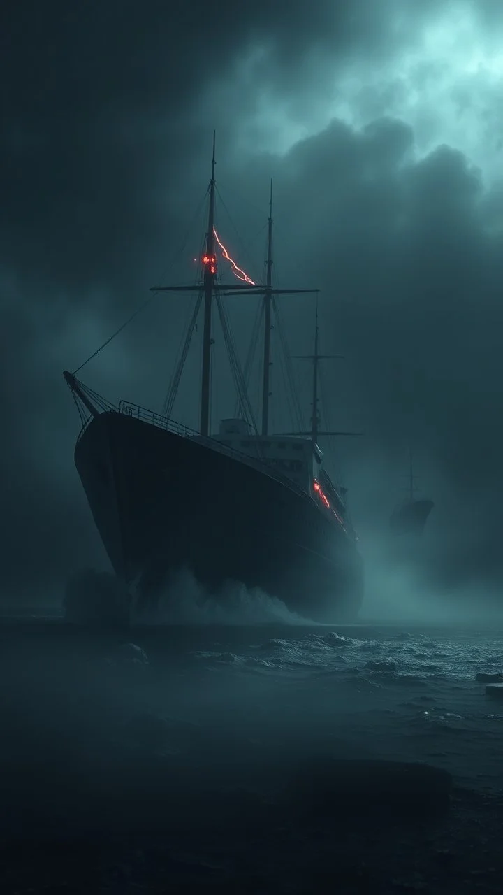 ,surrealism of the dark of a nightmare , hyper photorealistic, hyper detailed gray art color, high resolution, fog, octane render, tilt shift, HDRI Environment, all pictures dark gray, a torpedo hitting a ship