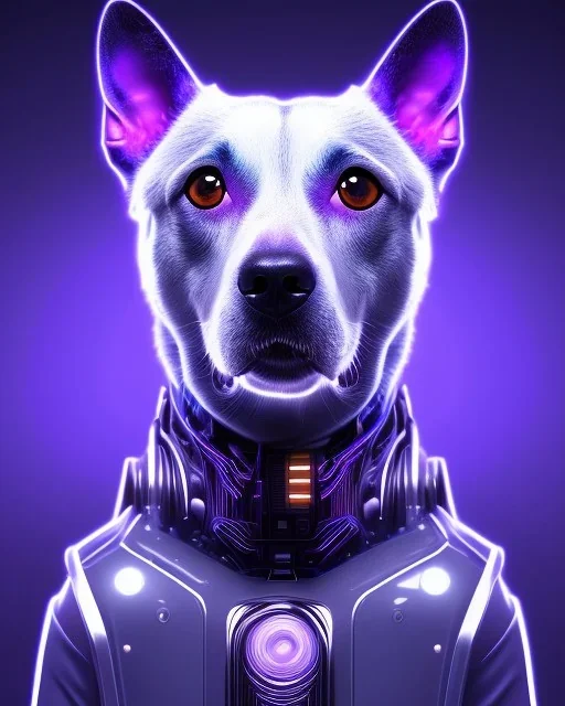 a beautiful portrait of cyberpunk dog, purple blue color, high key lighting, volumetric