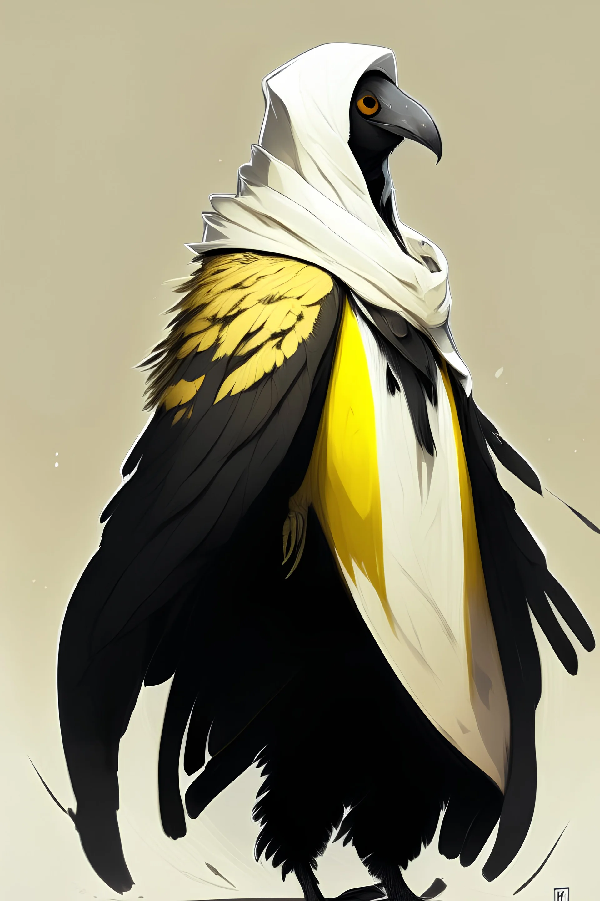 yellow to white feathered aarakocra in anime style wearing a long black cloak covering it's entire body and head