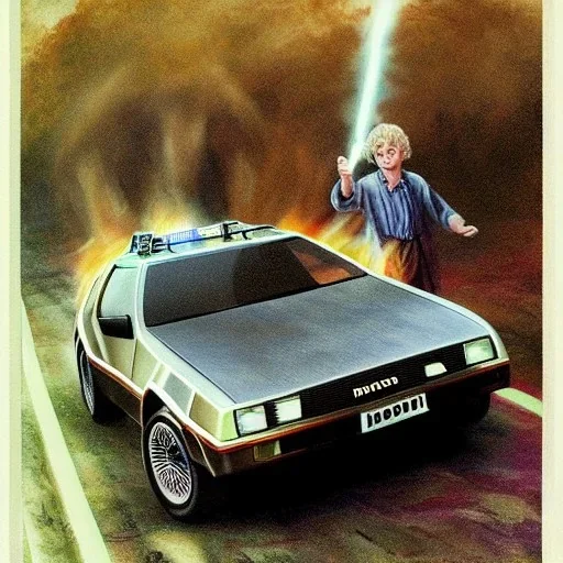 Frodo with a Delorean painted by William Turner