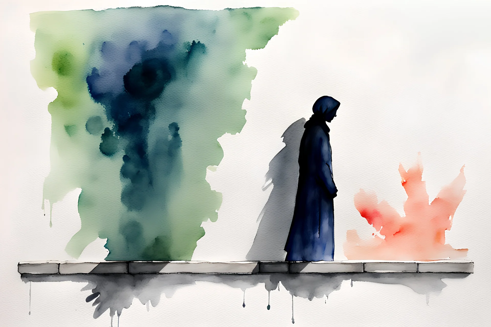 watercolor painting. Sex HIV. afraid. shadow on the wall. minimalist. Iran. rehabilitation. watercolor Iran. hijab