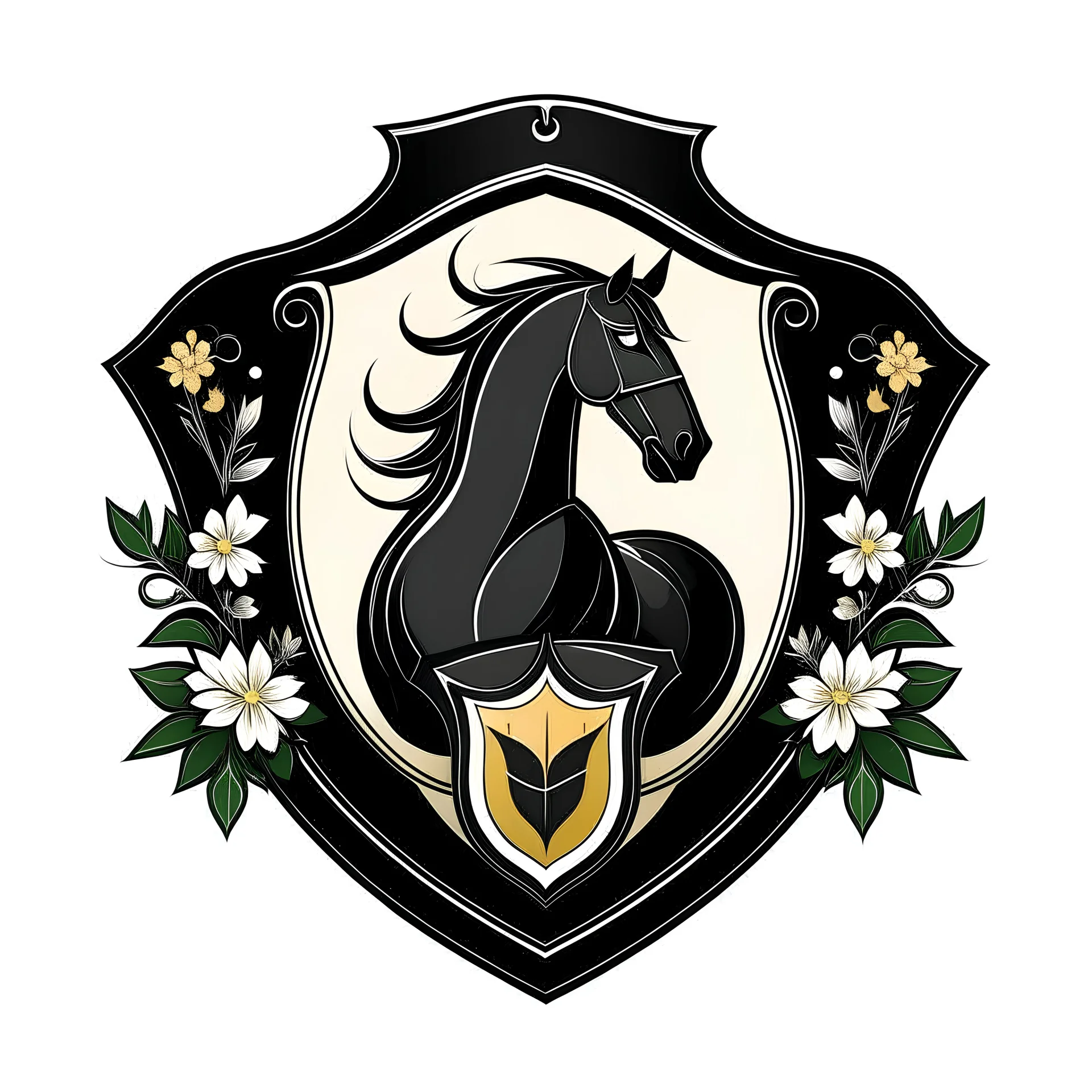 Create an elegant shield logo with a black horse in the middle, and a waterlily. The shield has flowery features