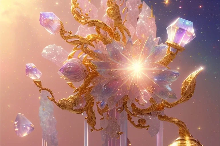 very beautiful cosmic crystal and gold subtle goddess in a galactic ambiance, transparent petals, delicate colors, in the foreground, full of details, smooth, bright sunshine，soft light atmosphere, light effect，vaporwave colorful, concept art, smooth, extremely sharp detail, finely tuned detail, ultra high definition, 8 k, unreal engine 5, ultra sharp focus