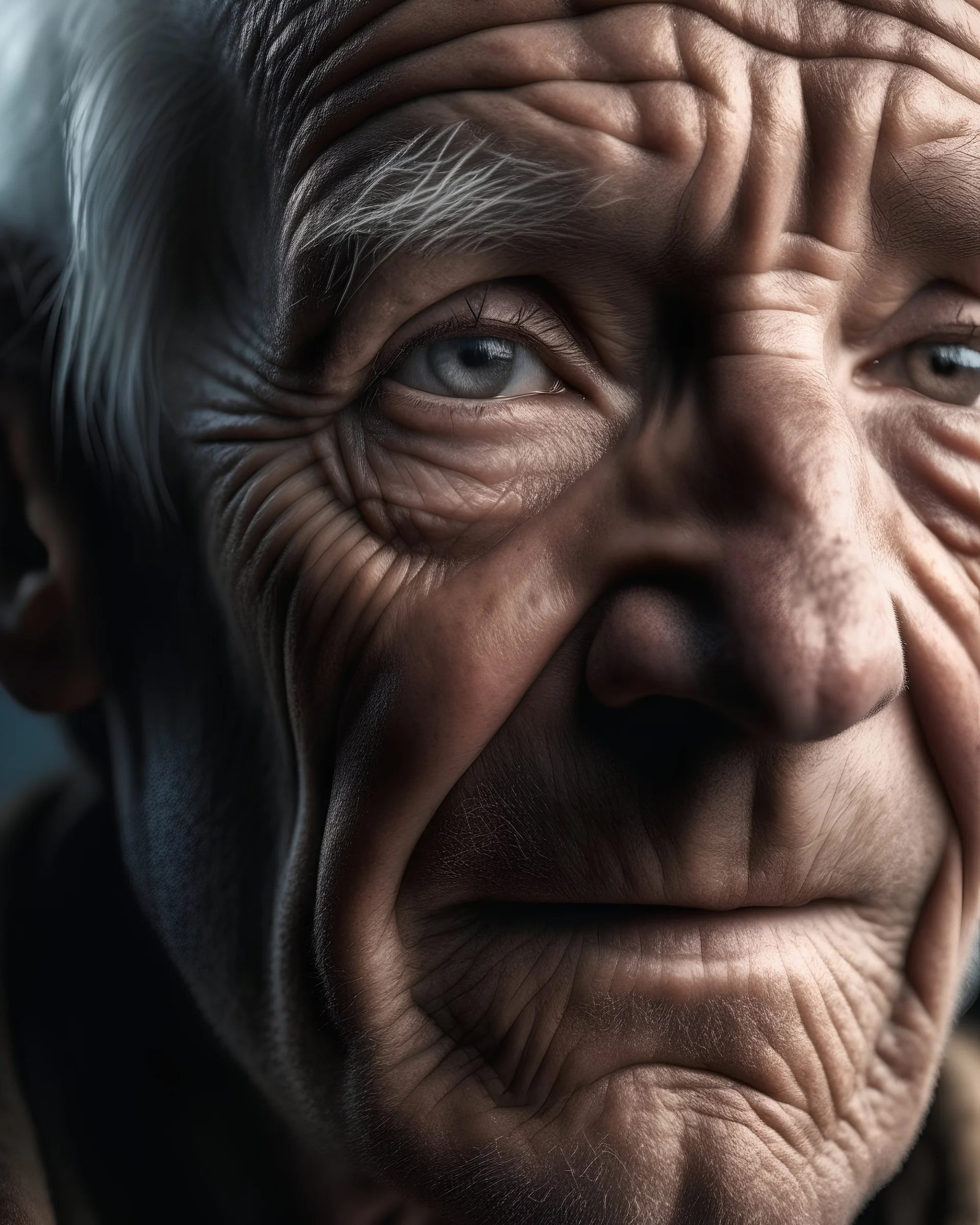 photoreal gorgeous powerful portrait of an elderly person, capturing the wrinkles, texture of the skin, and expressive eyes that tell a story of a lifetime, in high resolution and natural lighting by lee jeffries, 8k, high detail, smooth render, unreal engine 5, cinema 4d, HDR, dust effect, vivid colors