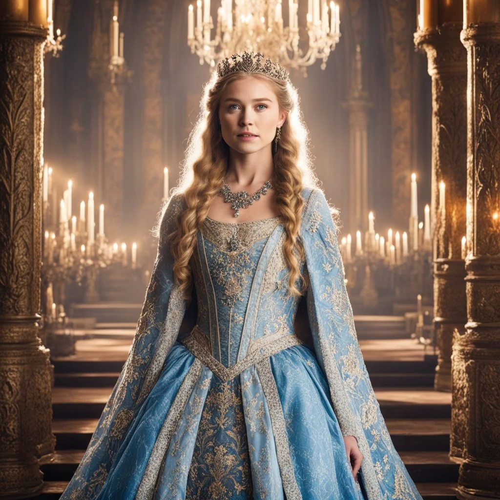 [game of thrones] In the grand throne room of Castle Evermoor stands Princess Seraphina, their daughter and the pride of the Thornwood family. Seraphina, in her youthful beauty, carries an air of curiosity and intelligence. Her flowing gown, adorned with intricate embroidery, reflects her status as a member of the noble family. Princess Seraphina's eyes, a reflection of her mother's, hold a glimmer of mischief and a hunger for knowledge. She stands tall, her posture reflecting the regal heritage