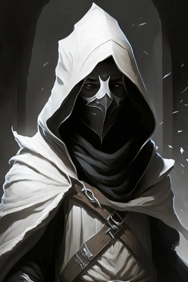 dungeons and dragons man wearing black robes and hood wearing a white mask