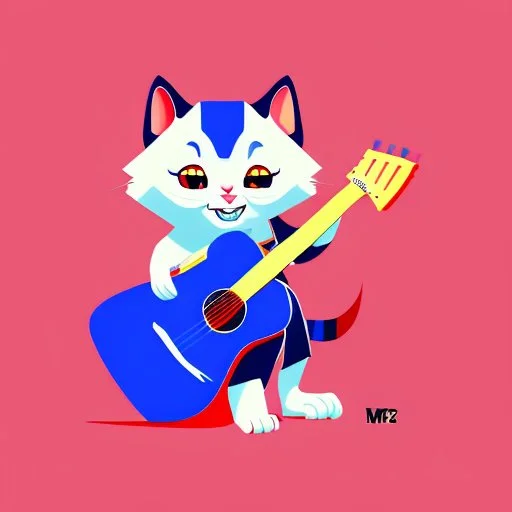 sticker design on white background, Pixar kitten playing guitar, flat illustration style , ultra detailed