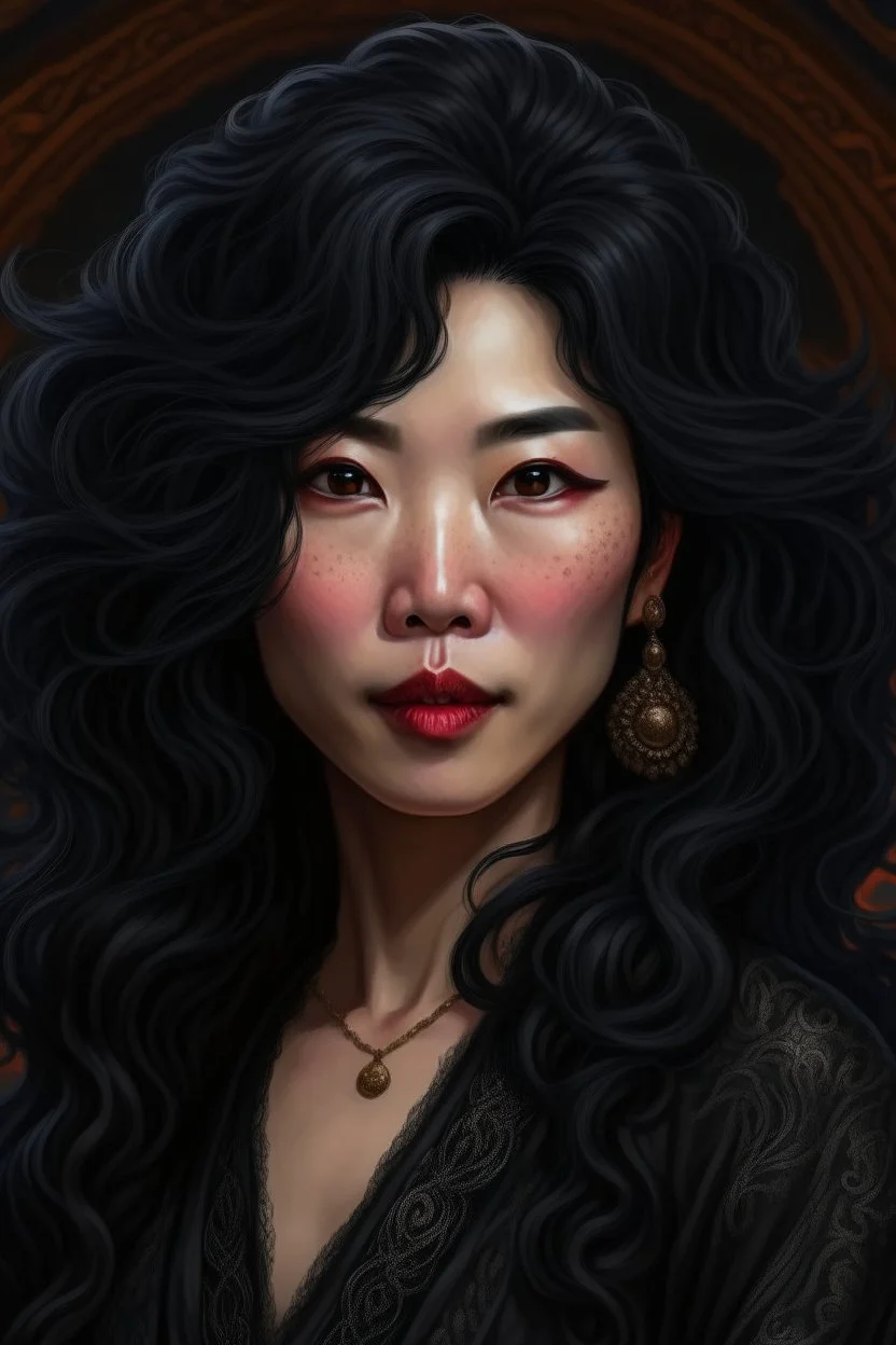 /image prompt:portrait of a mature asian goth woman with wavy black hair, fantasy style, realistic style, highly intrictae details, high quality, 8k