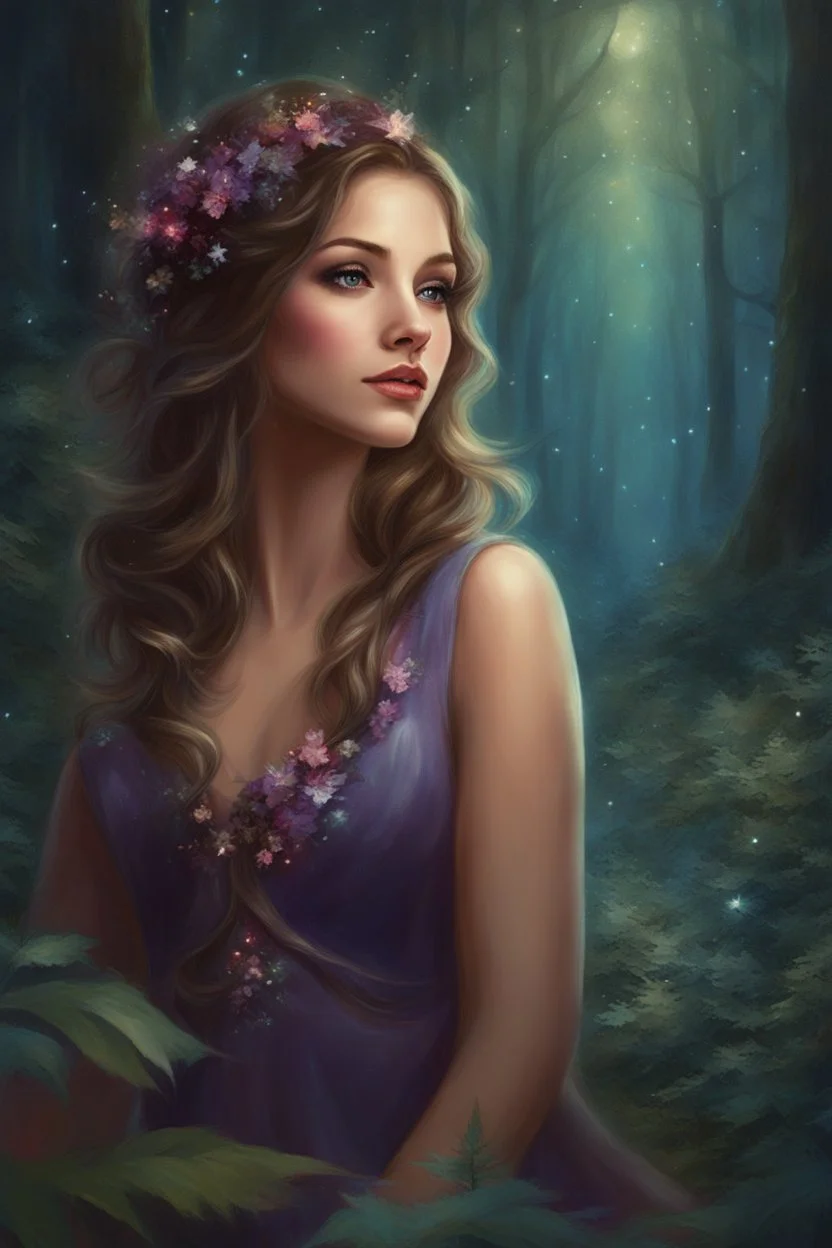 Painting of a dream girl in a fantasy forest, glitters in the forest background, haunted forest, digital painting, inspired by thomas kinkade, fantasy painting, dancing girl, song, fantasy art, fantasy girl, beautiful girl, beautiful face, young girl, beautiful painting, forest In the background, dark night, glitter in the background, fantasy forest, high quality, 4k