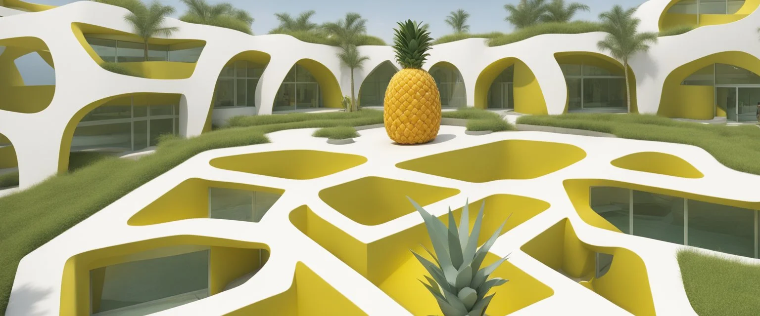 A tourist resort in the shape of a pineapple, interior design, facade