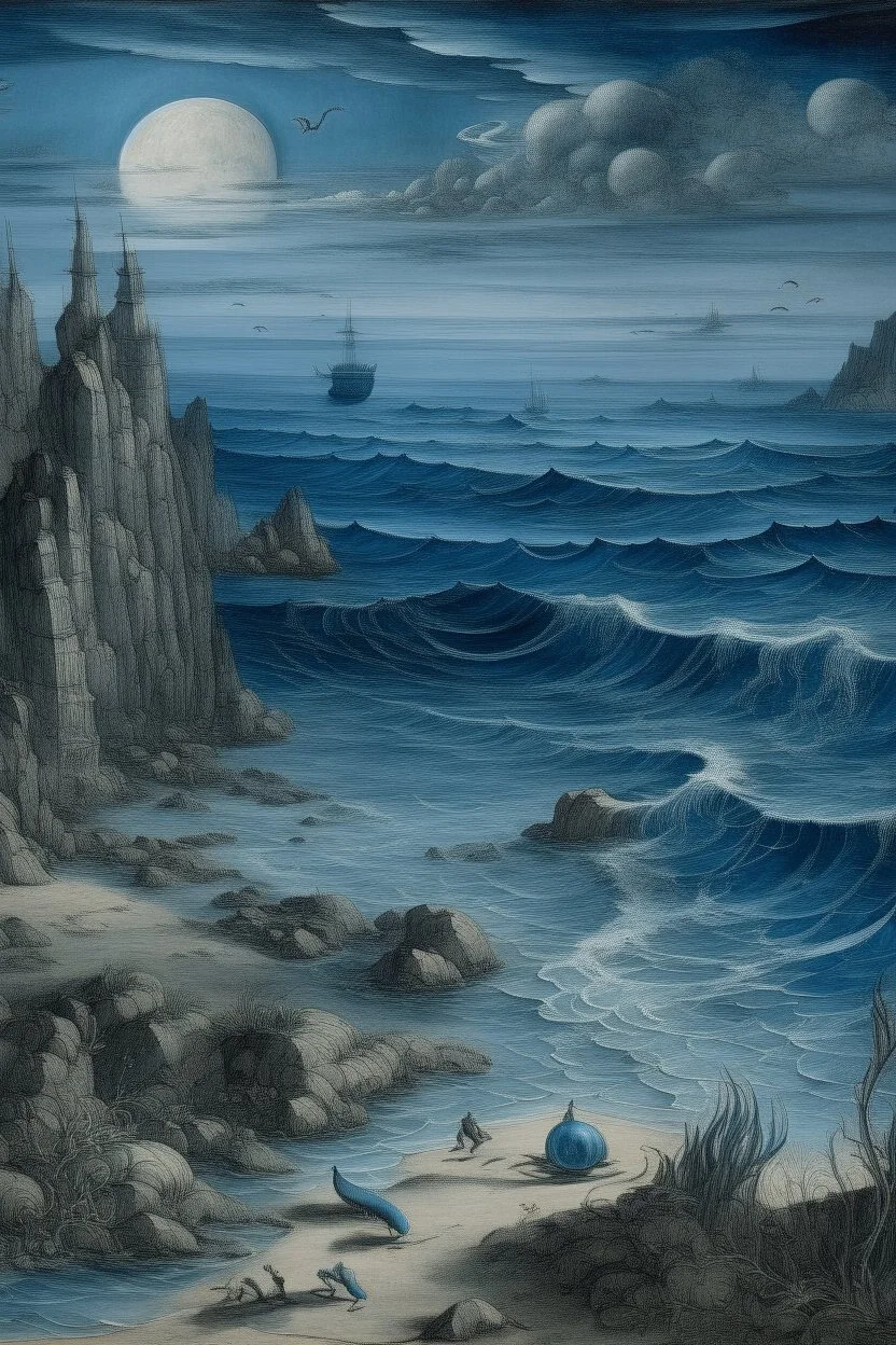 A dark grayish blue watery coast designed in ancient Egyptian pottery painted by Albrecht Durer