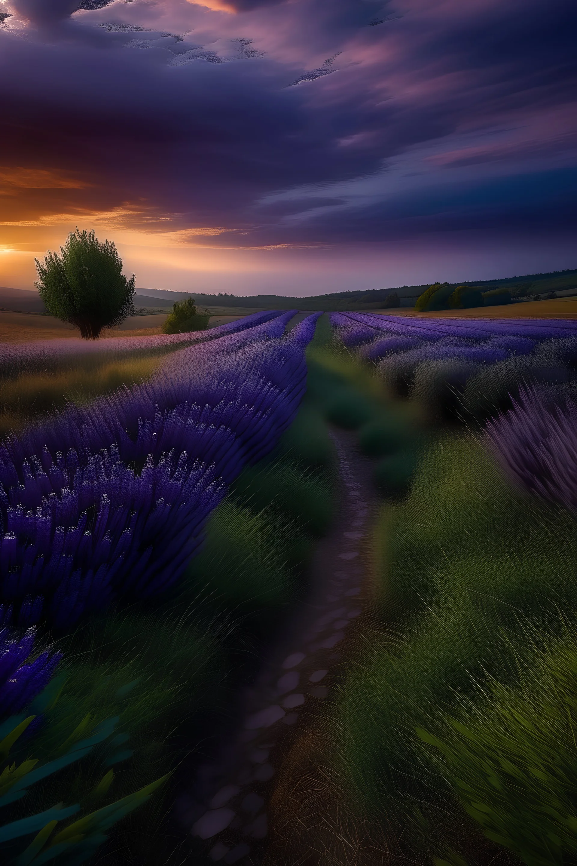 El anochecer despues de un dia lluvioso en un campo serrano de flores de lavanda