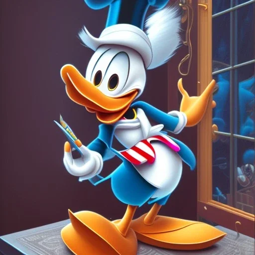 Mystery Donald duck, Ambiance dramatique, hyperrealisme, 8k, high quality, lot of details, fit within portrait