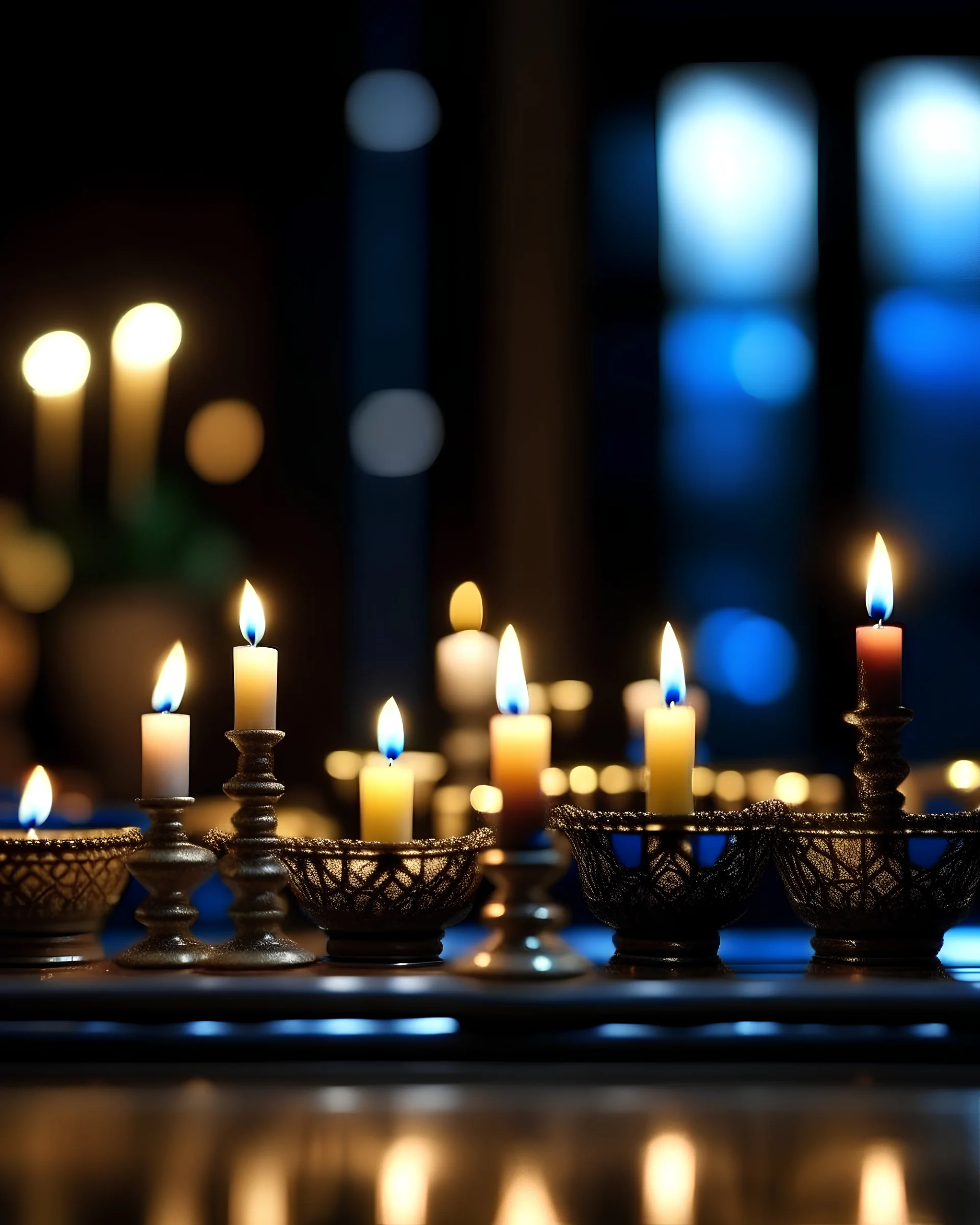 realistic closeup photo of a Jewish menorah with burning candles on a table next to Hanukkah decorations, on a dark background with bokeh