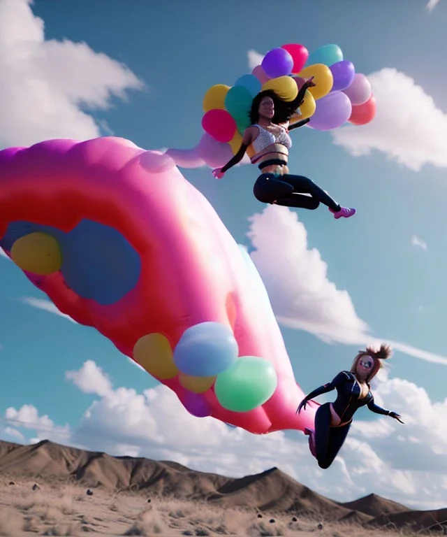 Ultra realistic speed clouds sky scene, wide angle view, sweet women falling down, inflatable color clothing, free jumping flying, many trinkets, hair monster, many jelly beans, balls, color smoke, smile, happy, circus style, extreme, wind, 20,000 feet altitude, stratosphere, soft color, highly detailed, unreal engine 5, ray tracing, RTX, lumen lighting, ultra detail, volumetric lighting, 3d, finely drawn, high definition, high resolution.