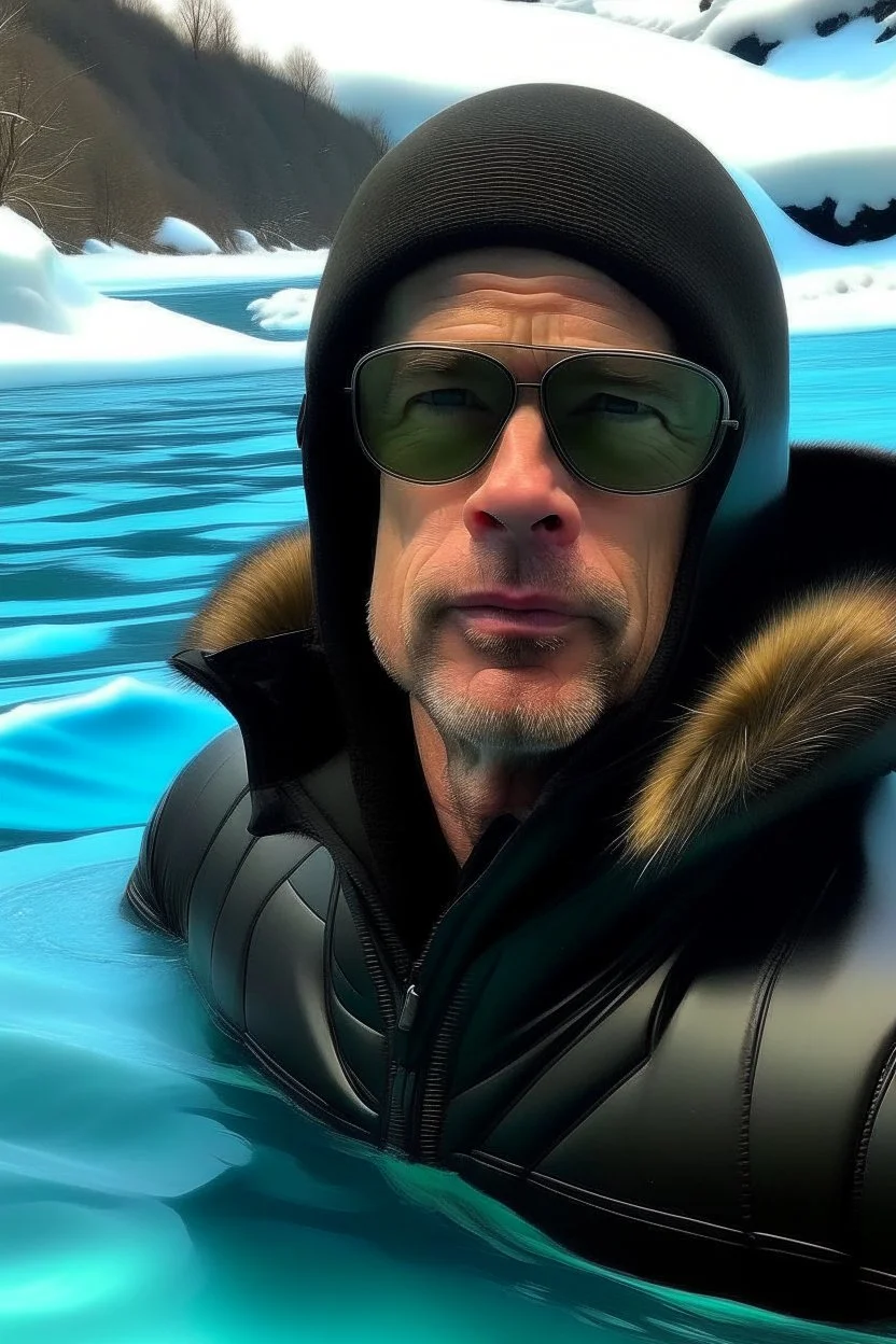 brad pitt snorkling in a frozen lake