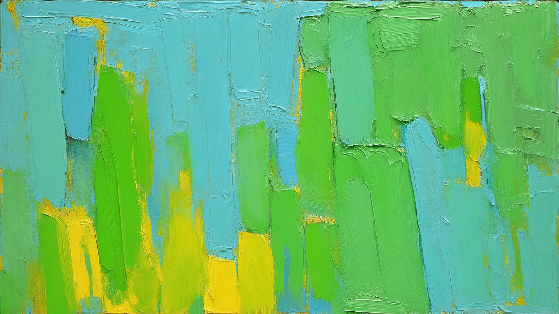 Abstract oil painting, shades of green with hints of blue and yellow, textured brush strokes, inspired by the works of Paul Cézanne and Claude Monet, calming yet vibrant color palette.