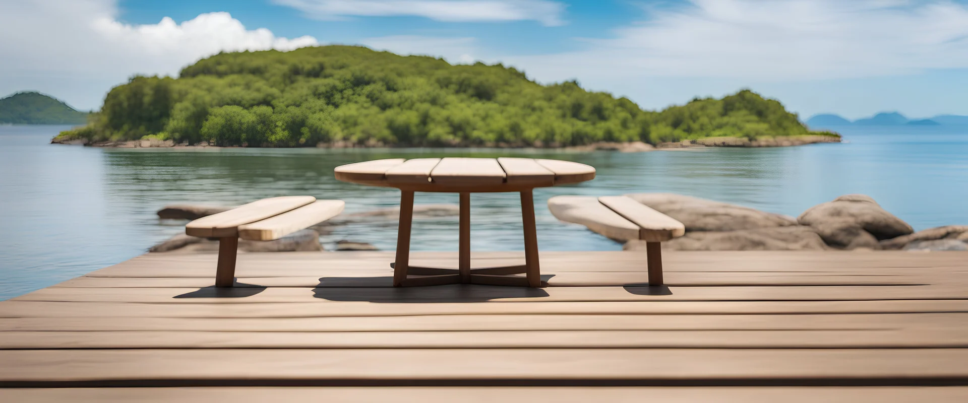 Wooden table on the background of the sea, island and the blue sky.