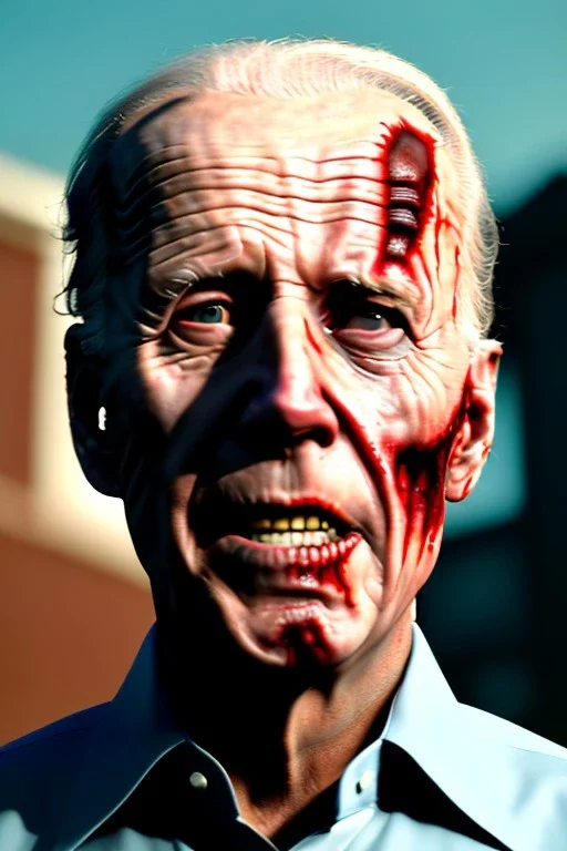 Ultra realistic image, joe biden zombie, zombie performance, blood, torn arm, night, walking twisted, waist up view, walking dead style, dark ambient, highly detailed, sky background, concept art, unreal engine 5, god rays, ray tracing, RTX, lumen lighting, ultra detail, volumetric lighting, 3d, finely drawn, high definition, high resolution.