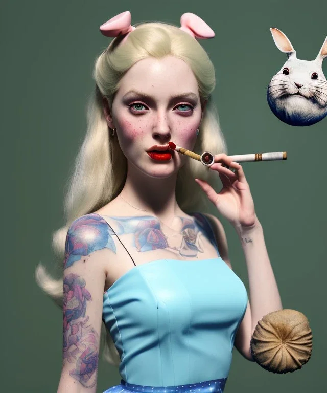 Ultra realistic portrait, wonderland, happy blonde Alice smoking a pipe, blue dress accompanied by elegant anthropomorphic white rabbit, circus dress style, old school tattoo, laughter, smoke, marijuana garden, mushroom lamps, glow eyes, perfect iris, soft color, highly detailed, unreal engine 5, ray tracing, RTX, lumen lighting, ultra detail, volumetric lighting, high definition.