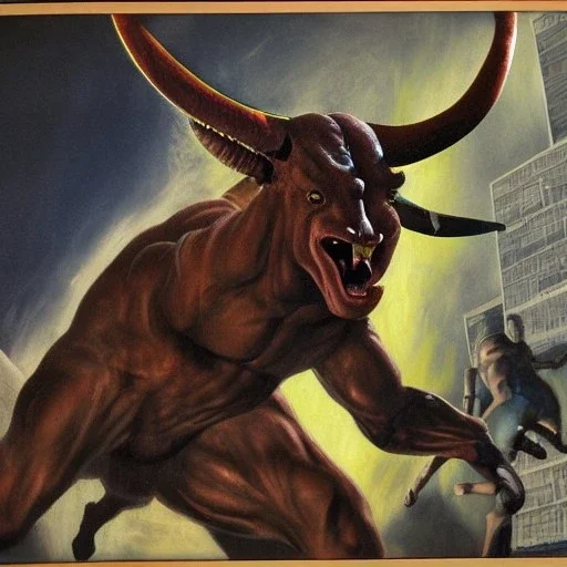 minotaur, cave, photo realism, future, cyborg demons fighting, Alex Ross