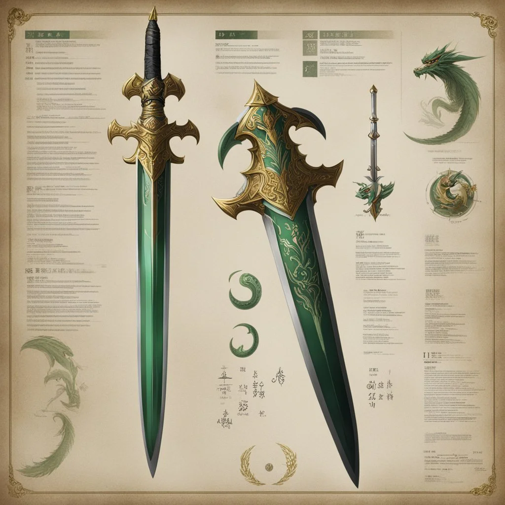 ConceptSheet: A document showing Green Dragon Crescent Blade – Exceptionally heavy guandao wielded by Guan Yu , so powerful of incomprehensible power.