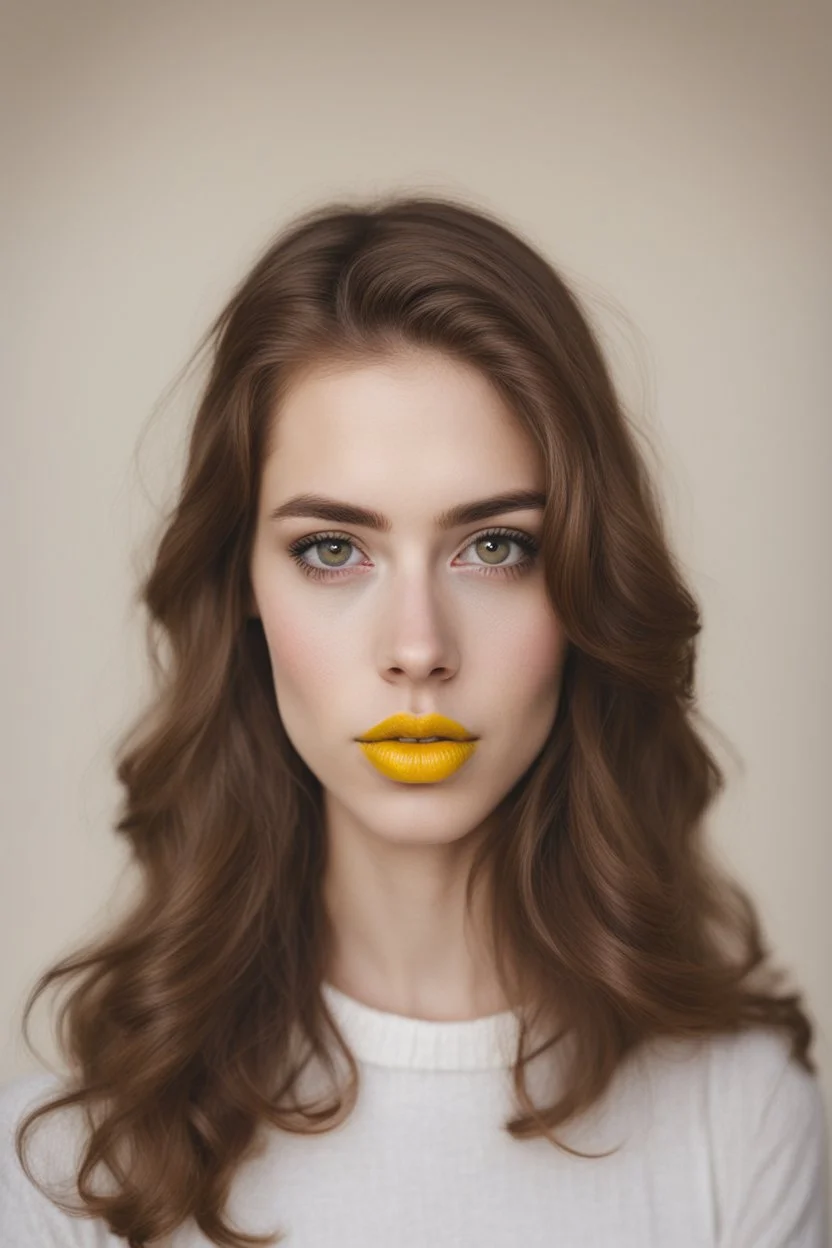 a portrait of a girl with brown hair and large brown eyes and big yellow lips in her 20s