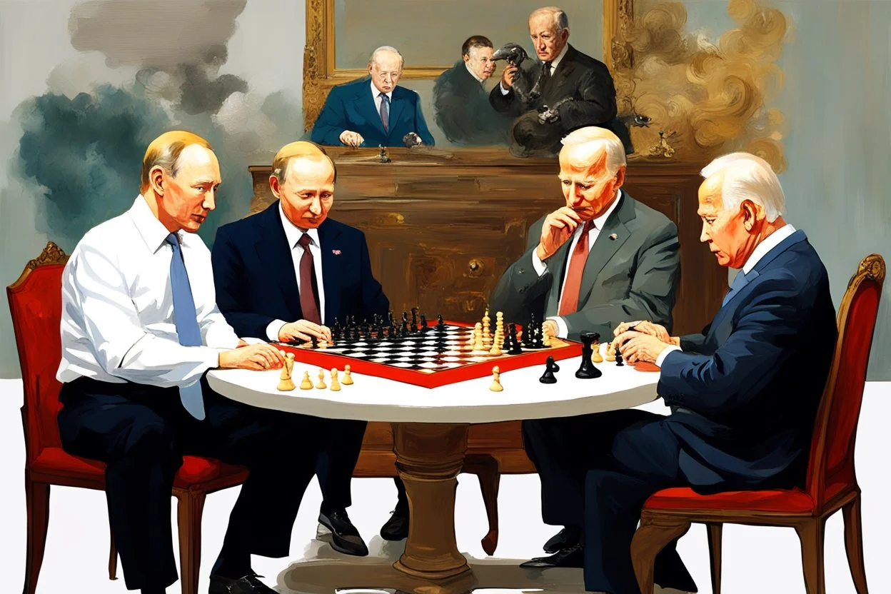 Putin, President Xi Of China And Joe Biden Play Chess With A Pigeon,Ufo And Atomic Bomb Mushroom Cloud,Complex Surgical Instruments Intermixed With A Newborn Boy,Minimalism,Painting By Adrian Ghenie,Rene Magritte,Pablo Picasso,Michelangelo,Salvador Dali,Lucian Freud