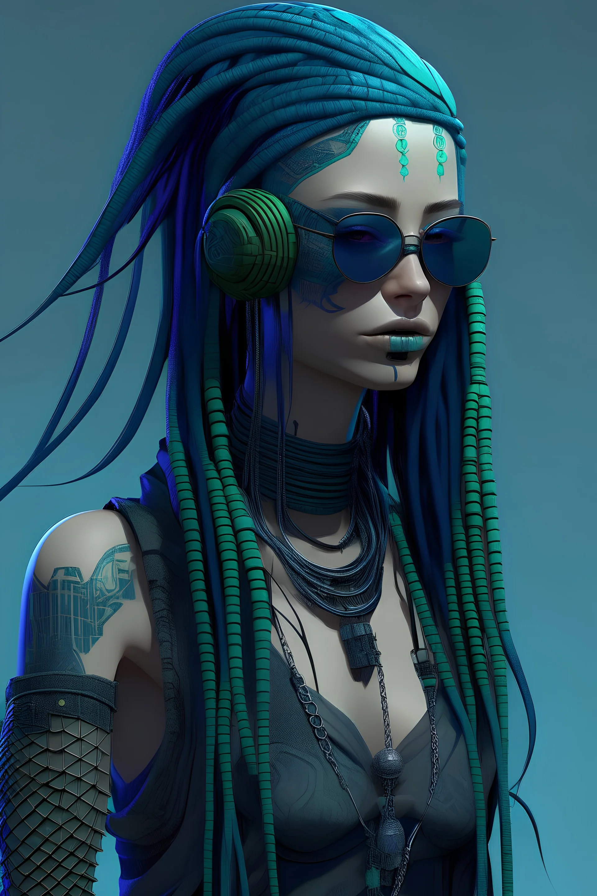 entire body mermaid cyberpunk some fish scales on face indigo hair dreadlock sunglasses