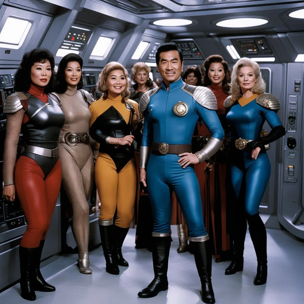 Noonien Soong, creator of data, as an adventurer in dusty Star Trek uniform surrounded by women Augments in fishnet costume and leather belts carrying heavy phaser weapons , they are in front of the airlock in the USS Enterprise