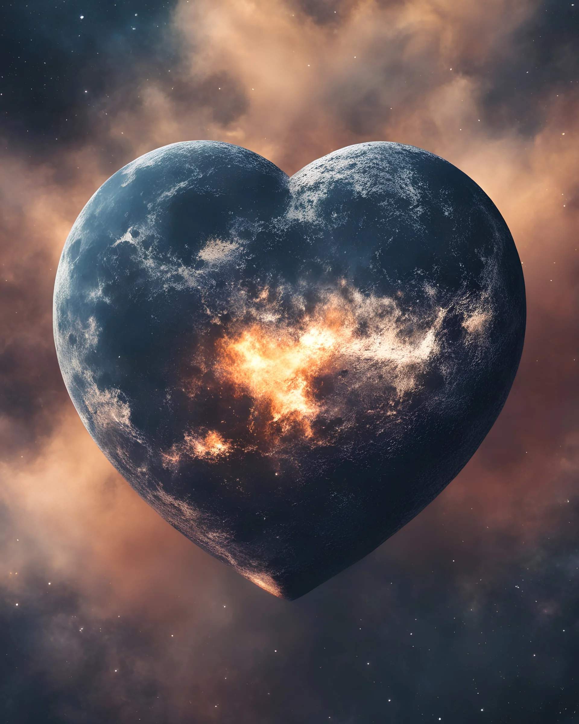 Moon in shape of realisitic heart, biological heart, cinematic, {abstract}, depression, space background, atmospheric, fire, DLSR, soft focus, dispersion