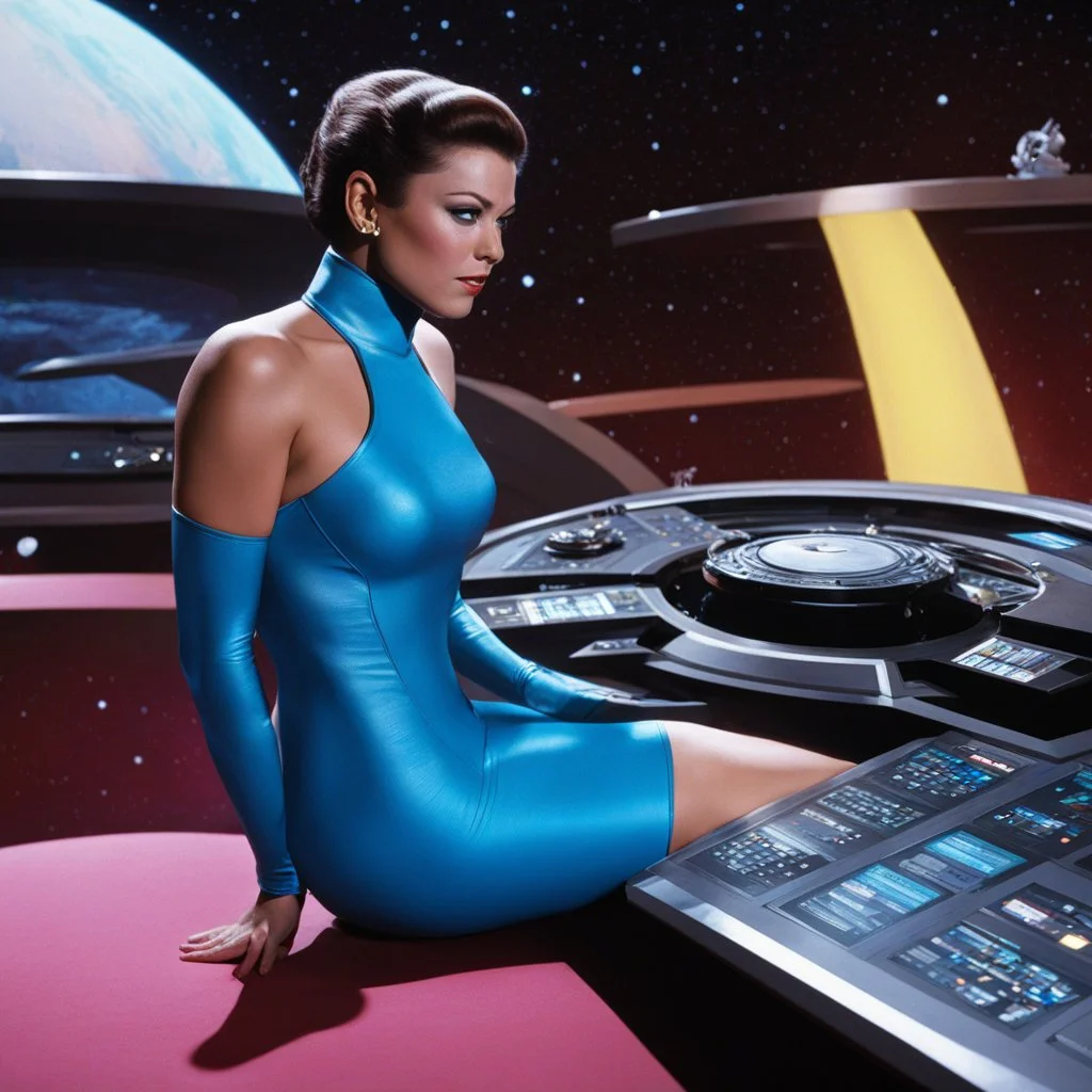 [Star Trek] And that was the colors of the saucer? No, her swimsuit: she bends over the console