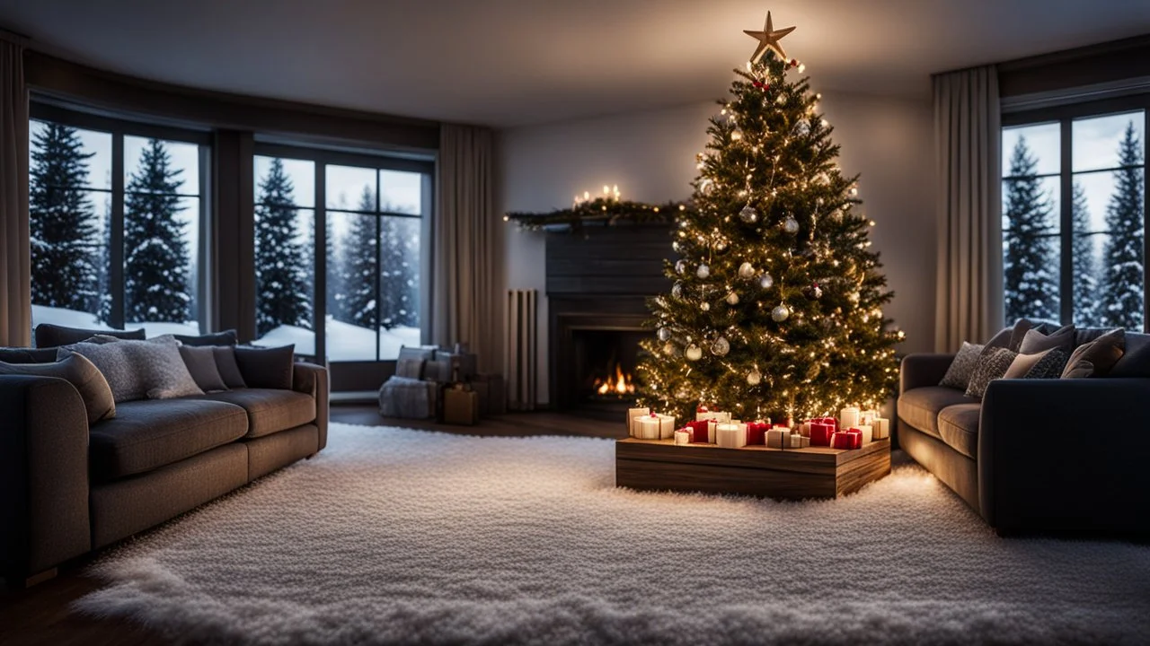 darkness,photoreal, christmas decoration in the big living room , adorned with twinkling lights, in the living room,next to the fireplace,large windows with snowy firs outside,christmas decoration,lights off,cozy,calm,high-quality photograph,photorealistic, shot on Hasselblad h6d-400c, zeiss prime lens, bokeh like f/0.8, tilt-shift lens 8k, high detail, smooth render, unreal engine 5, cinema 4d, HDR, dust effect, vivid colors,night