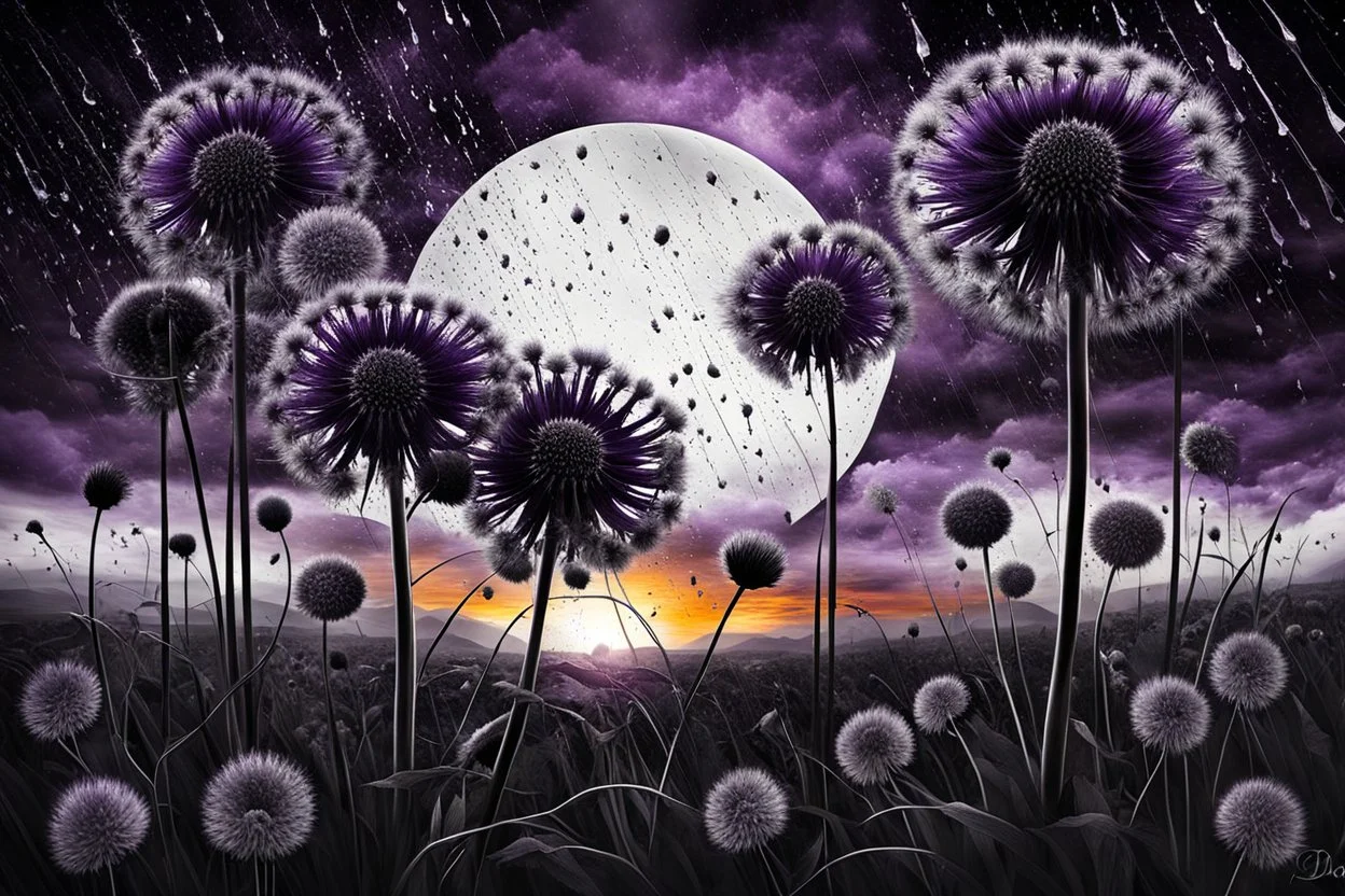 dark purple Sunset with big black Dandelions, , high textures, surreal style by dali, klee, bosch, weird, white-black colors, silver rain, sharp focus, splash art, intricately detailed, mystic, dark stunning mood