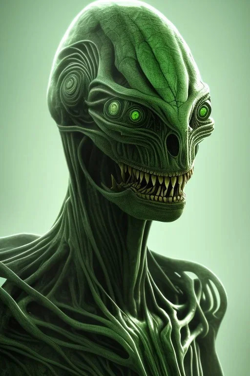 green alien, head, evil, red eyes, big silver teeth, weapons, blood, 8k, finely detailed, photo realistic, HR Giger style