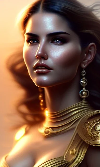 sunny leone hot , beautiful, long hair, wavy hair, curly hair، black eyes, head and shoulders portrait, cinematic, 8k, resolution concept art portrait by Greg Rutkowski, Artgerm, WLOP, Alphonse Mucha dynamic lighting hyperdetailed intricately detailed,jewelry ,golden hour,snake goddess