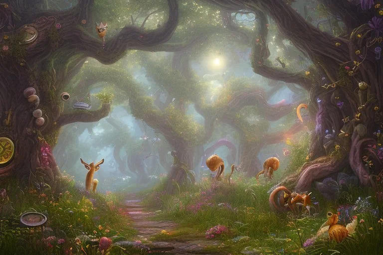 10. Create an image of a whimsical and magical forest with talking animals and hidden paths