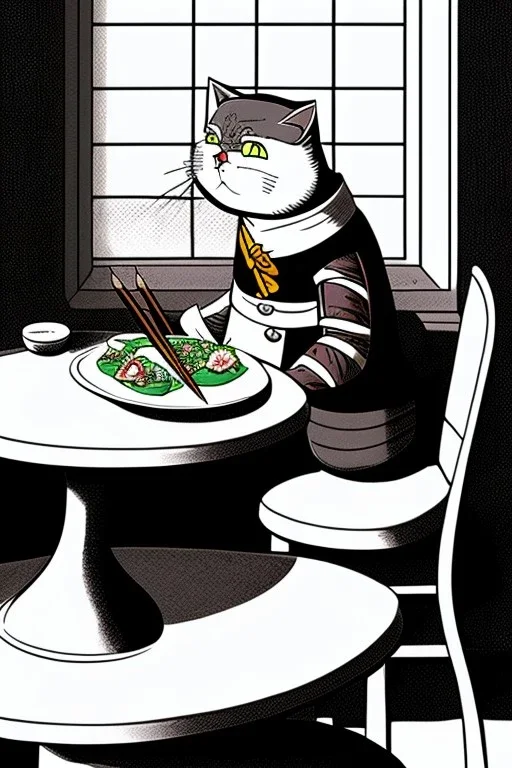 Cat, sitting at a table, eating sushi,perfect iris, ink and pencil, style Carl barks