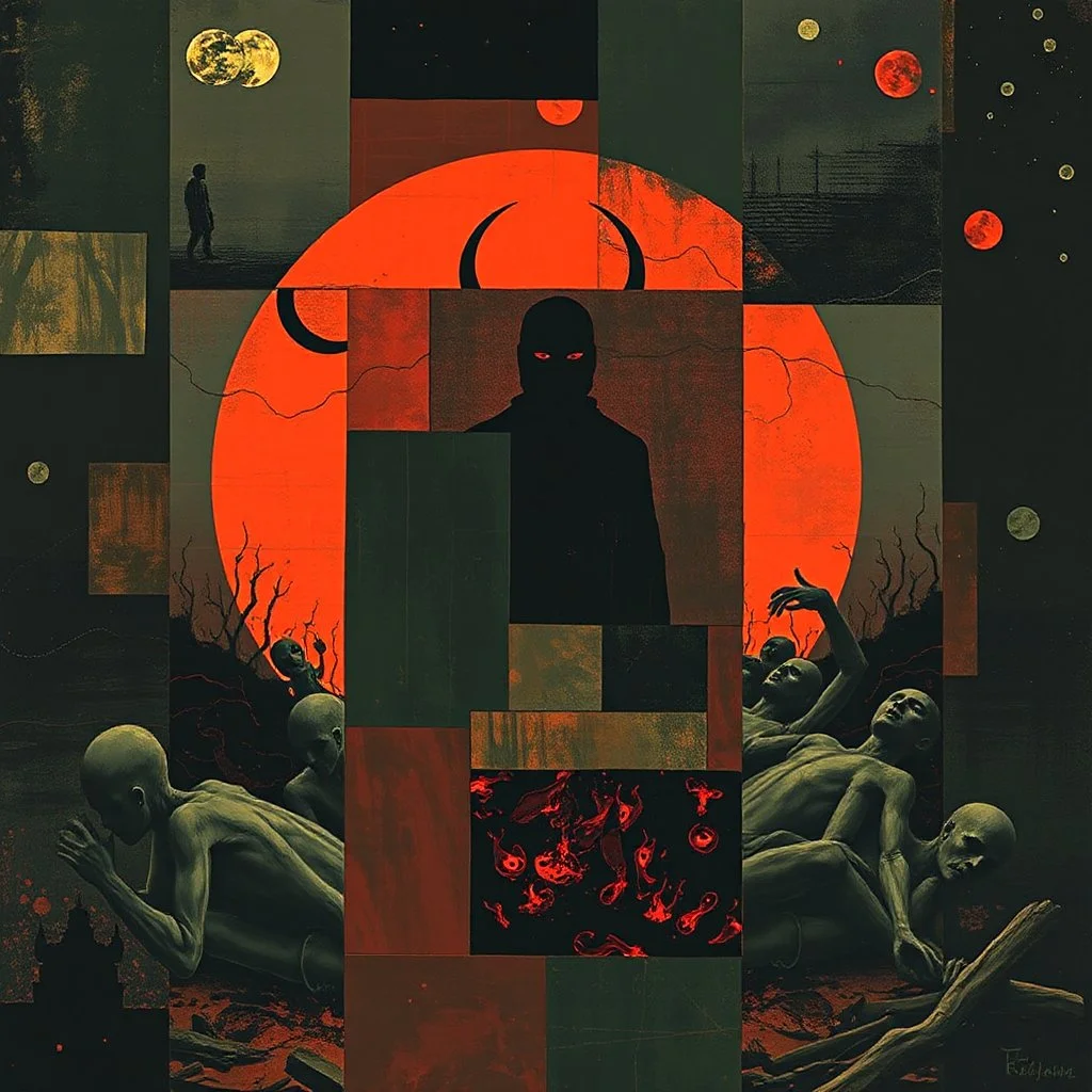 nihilism, mourning damned souls in hell, gestalt regression, segmented color illustration, by Dave McKean and Wassily Kandinsky, surreal, horror, fragmented collage, minimalist, overlapping cel boxes shuffled and offset composition, moody, sinister