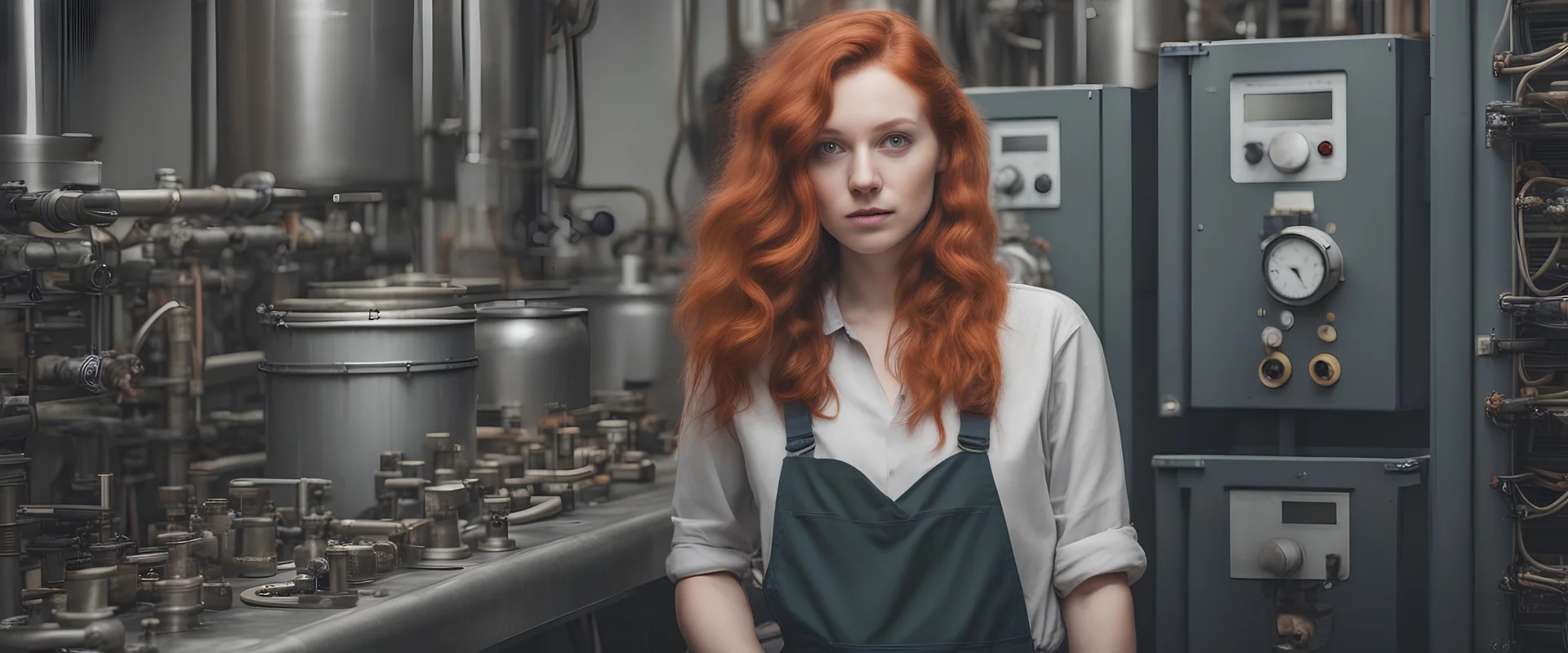 jeune femme rousse cheveux ondulé photo réaliste en train de travailler dans un atelier de chaudronnerie