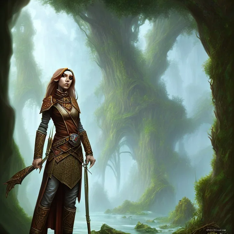 dungeons and dragons, female elf, druid, brown hair, brown eyes, full body, realistic face